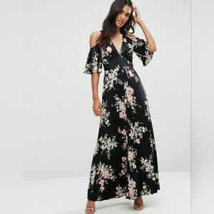 ASOS Cold Shoulder Maxi Dress in Satin Floral Print size 6